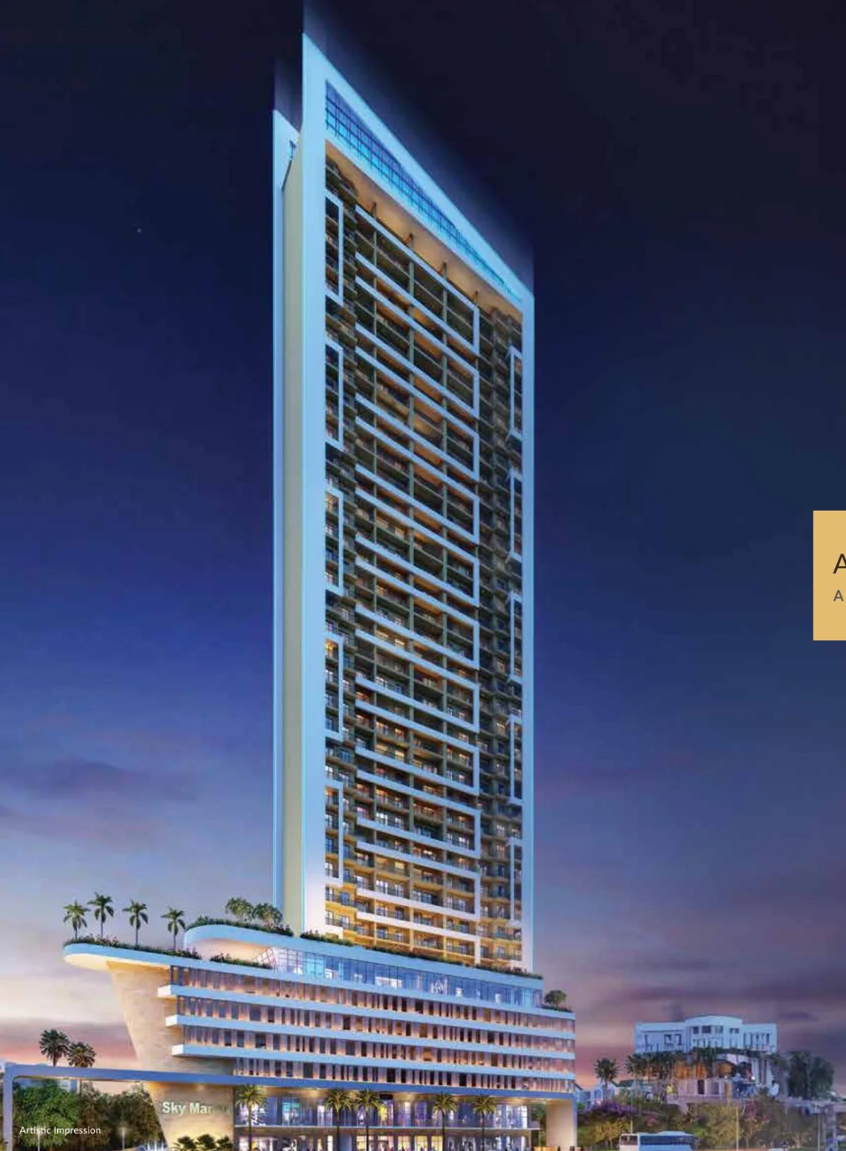 Swaminarayan Sky Marina tower at dusk